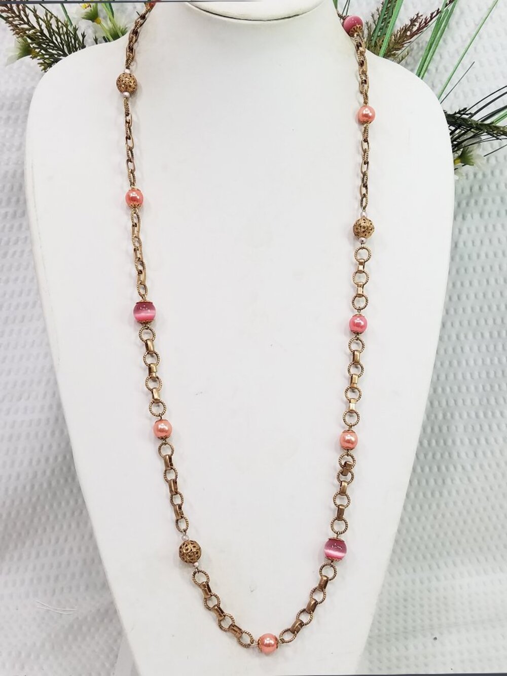 Chunky Rose Gold Tone Pink Moonstone & Faux Pearl Station Chain Link Necklace